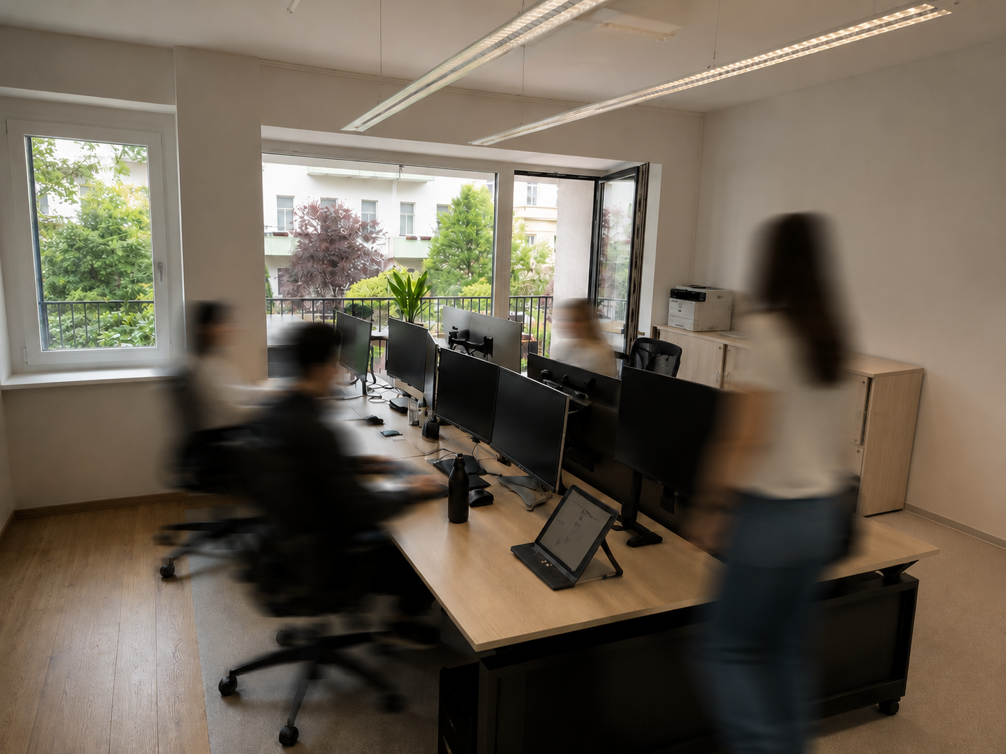 Motion-blurred office scene of employees at a row of standing desks with multiple monitors, with a woman walking past in the foreground and a leafy balcony visible through open windows.